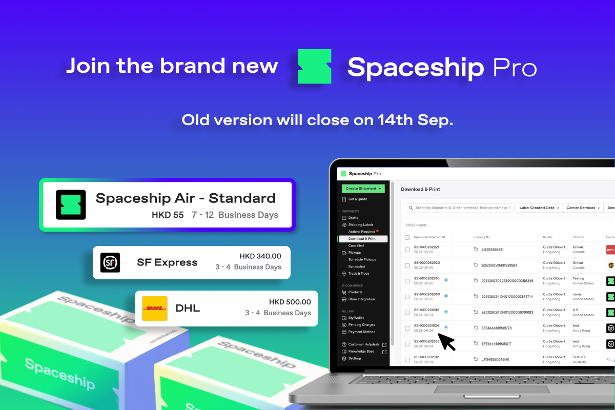 Spaceship is the global logistics brand that enables logistic efficiency for worldwide commerce. While Spaceship has an extensive logistics network with carriers to cover most of the deliverable regions in the world, it created Spaceship Pro - a software to automate shipping processes and provide customizable commerce-logistic solutions to businesses.