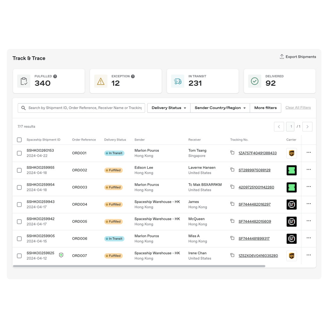 Spaceship | 國際速遞、網店物流,一個平台出貨本地及海外,用戶尊享獨家物流折扣 Spaceship 上門取件國際速遞及郵件追蹤。足不出戶即可寄件到英國、美國、日本、台灣、澳洲及超過 200 個地區。隨時隨地掌握郵件託運狀態。Spaceship Pro 備有各款物流路線以適應瞬息萬變的電商世界,用戶可於軟件內以低至 3 折預訂 UPS、FedEx、DHL、Aramex、香港郵政等各大物流服務,完成後進行簡易報關,購買空運標籤,一站式完成出貨。